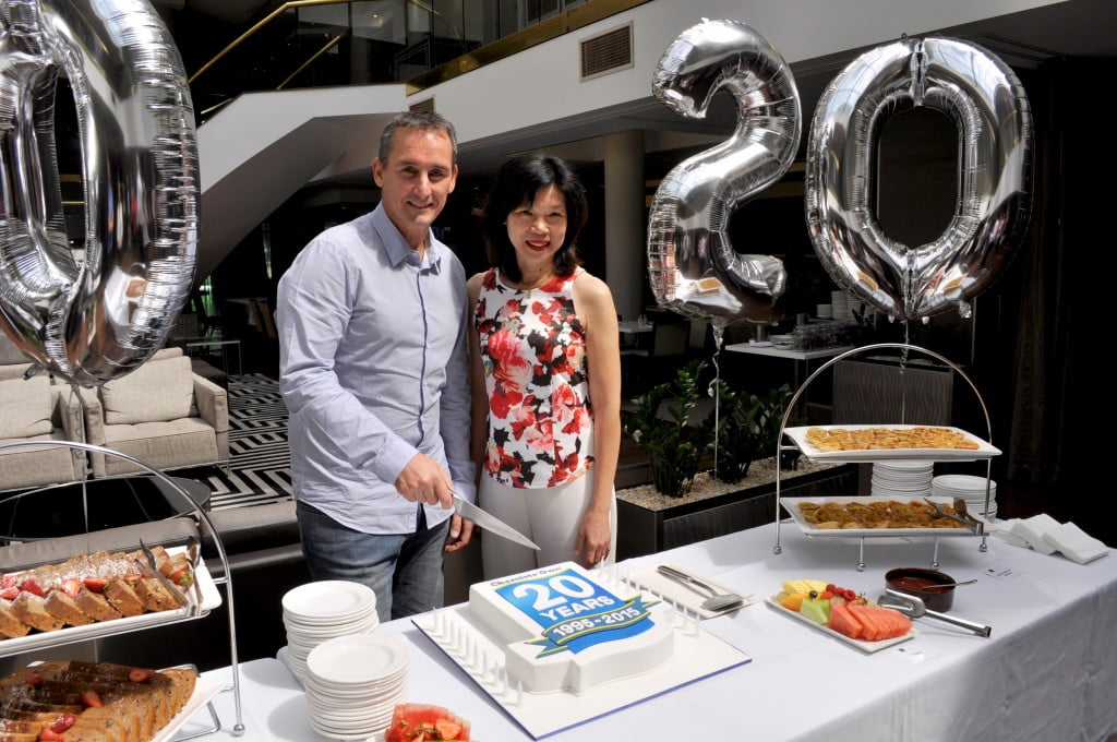 Wayne Marinoff Head of Generics Aspen Australia and Liz Jordan Senior Brand Manager – Chemists’ Own prepare to cut the birthday cake at Chemists Own 20th birthday celebration.