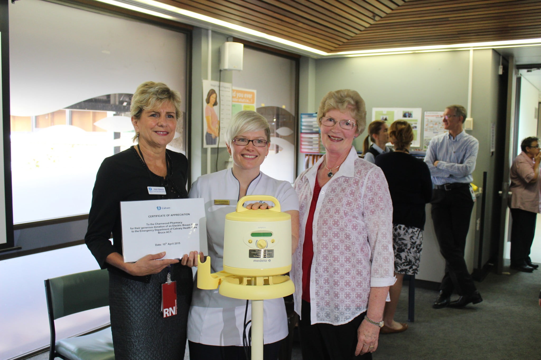 Calvary CEO Karen Edwards, Charnwood Capital Chemists's Samantha Kourtis, and the pharmacy's registered nurse and midwife Gayle Broadbent