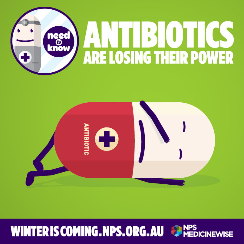 NPS antibiotic resistance poster shows defeated cartoon antibiotic lying on its side