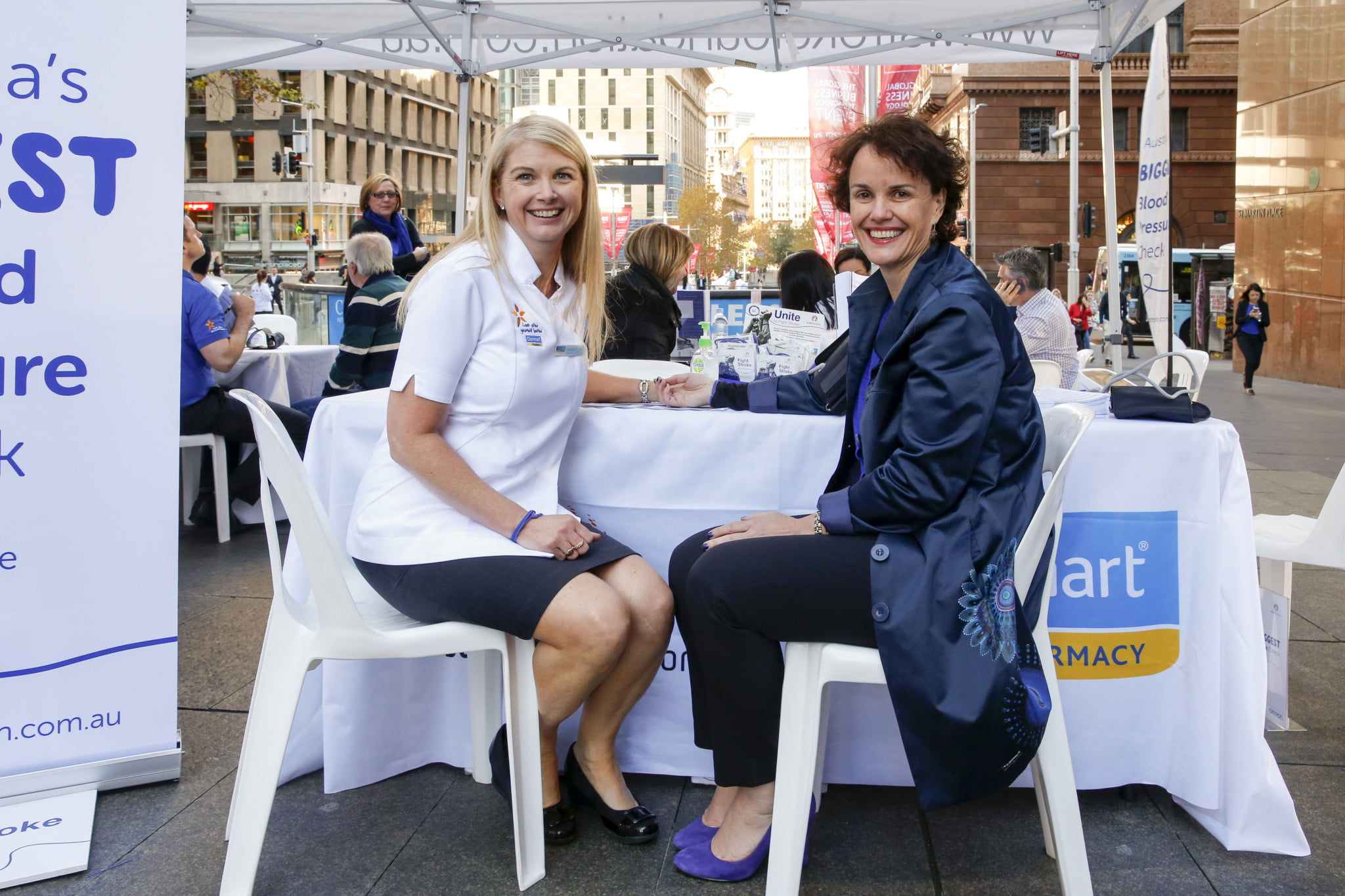 Chemmart Pharmacist Carolyn Wynen taking the blood pressure of National Stroke Foundation Chief Executive Officer Dr Erin Lalor as part of Australia’s Biggest Blood Pressure Check.