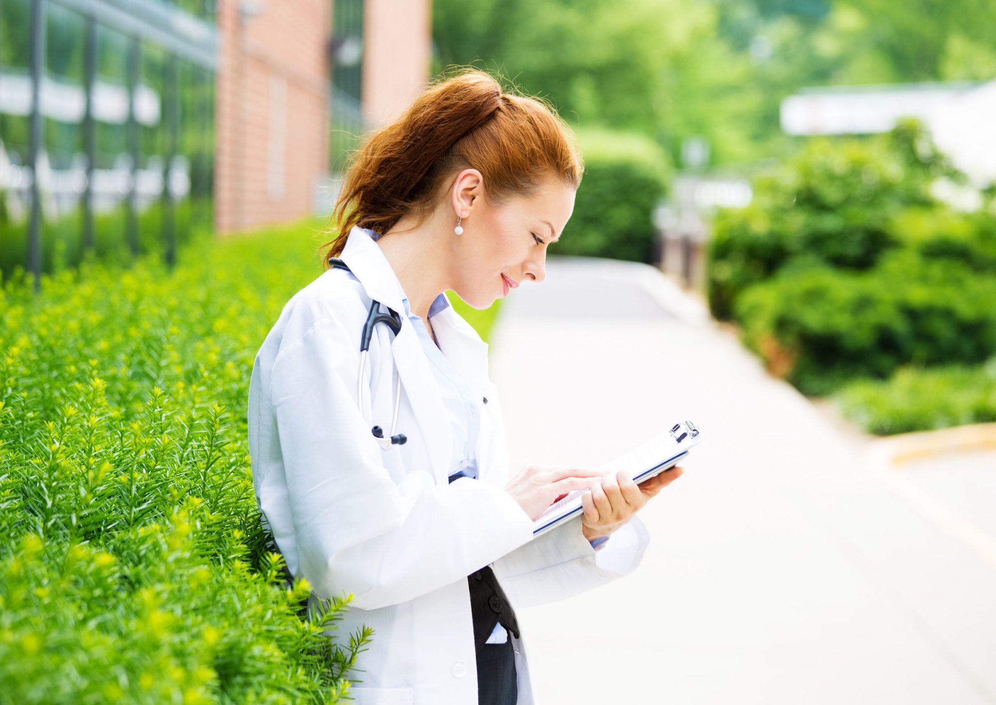 healthcare professional reading patient chart isolated outside hospital, green trees