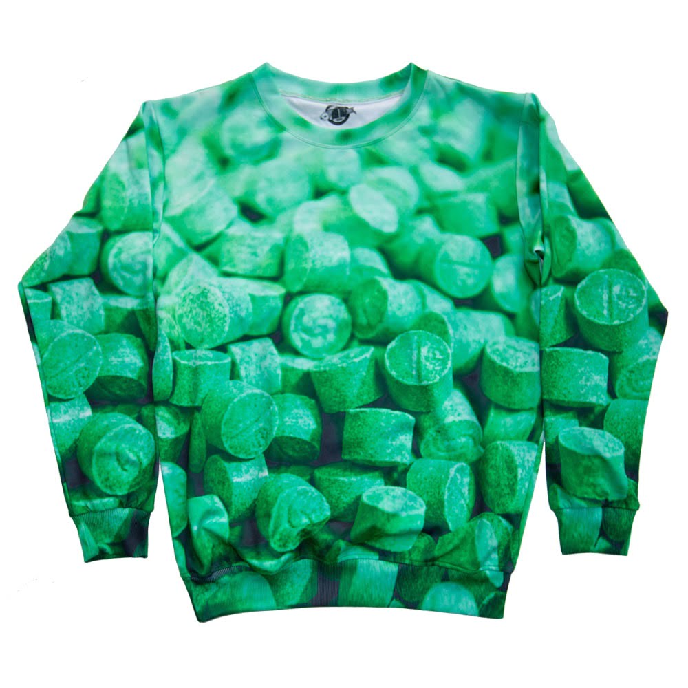 green shirt with pill motif