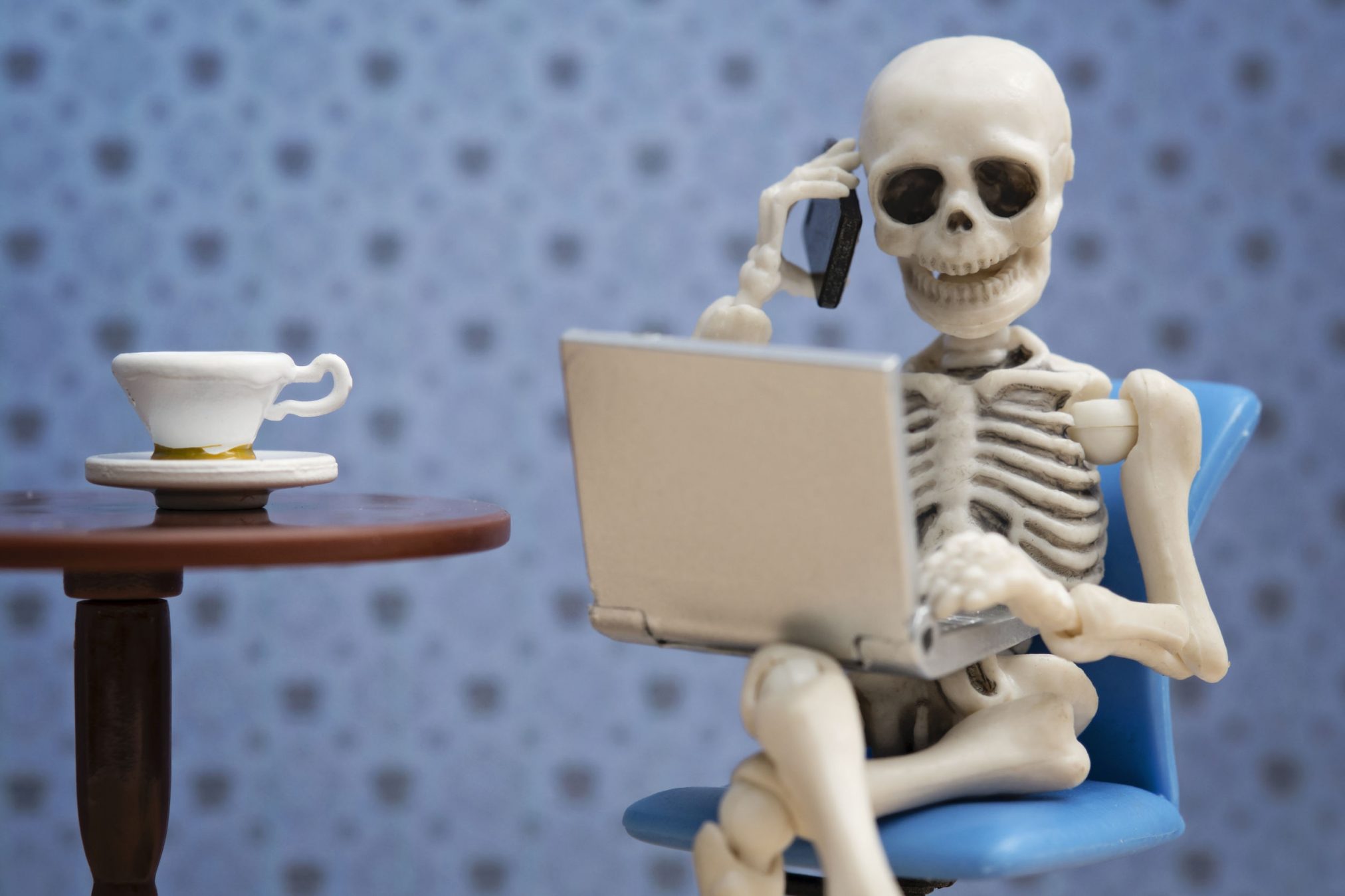 skeleton with laptop and phone