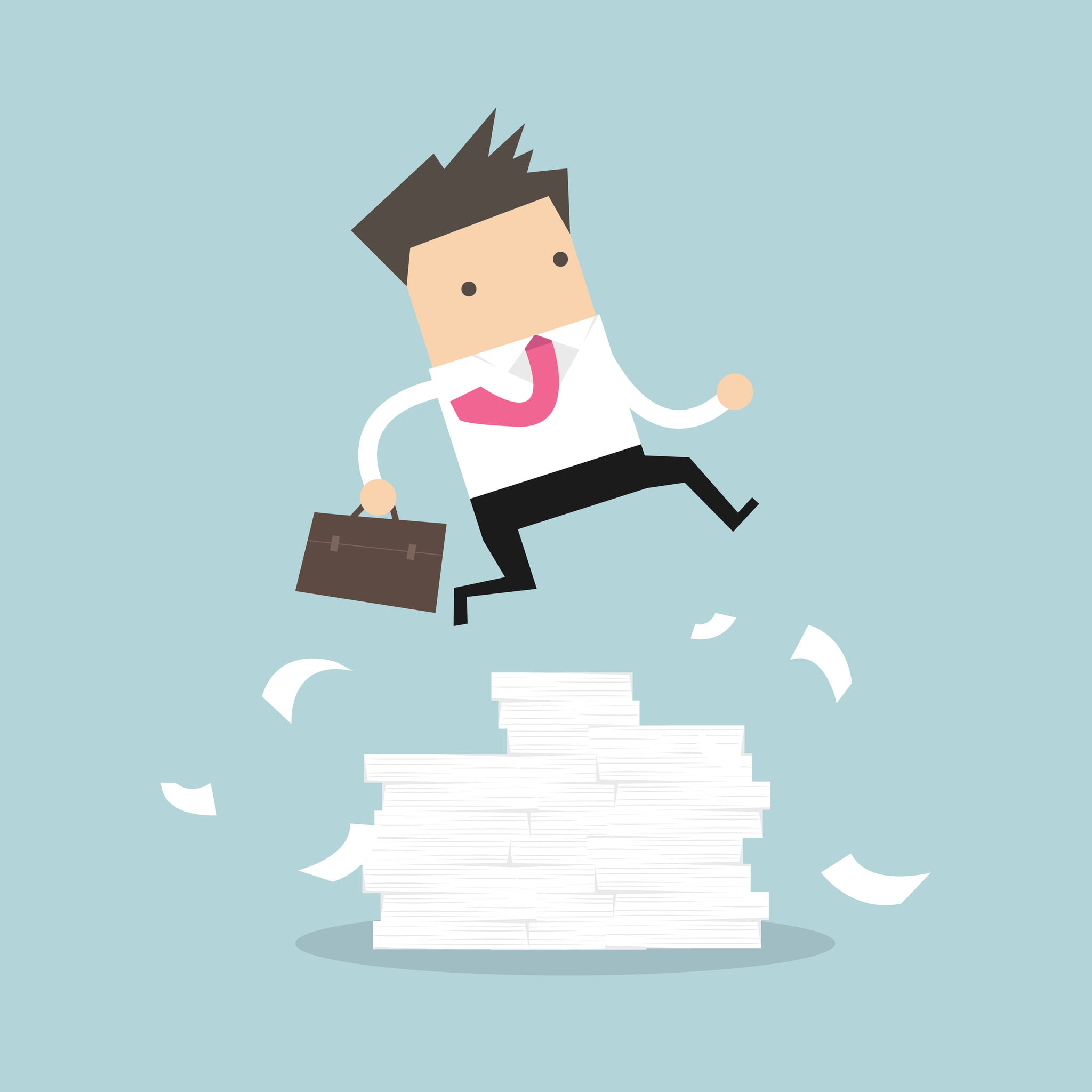 87183336 - businessman or manager jumping over obstacles. large stack of documents. vector