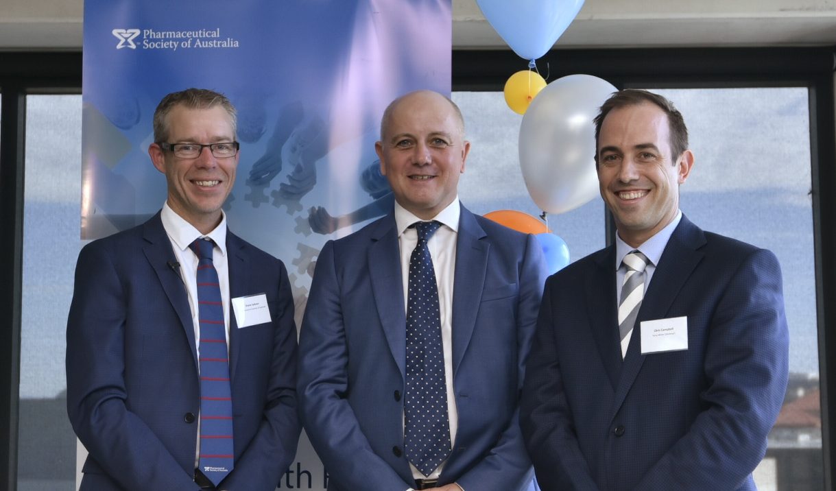 PSA National President Dr Shane Jackson, Australian Digital Health Agency CEO Tim Kelsey, and Chair of the MHR Project Working Group Chris Campbell at the guidelines launch in Canberra.