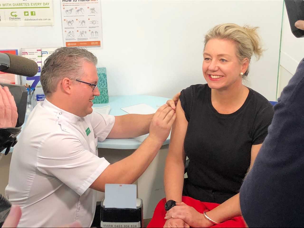 Victorian Senator Bridget McKenzie receives her flu vaccination at TerryWhiteChemmart Wodonga.