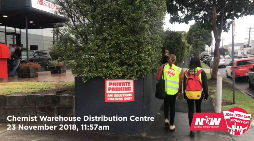 National Union of Workers representatives attend a Chemist Warehouse distribution centre. Image: NUW via Facebook