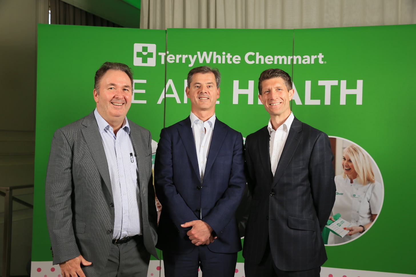 TerryWhite Chemmart CEO Anthony White, EBOS Group Chairman John Cullity and TerryWhite Chemmart Chief Operating Officer Duncan Phillips