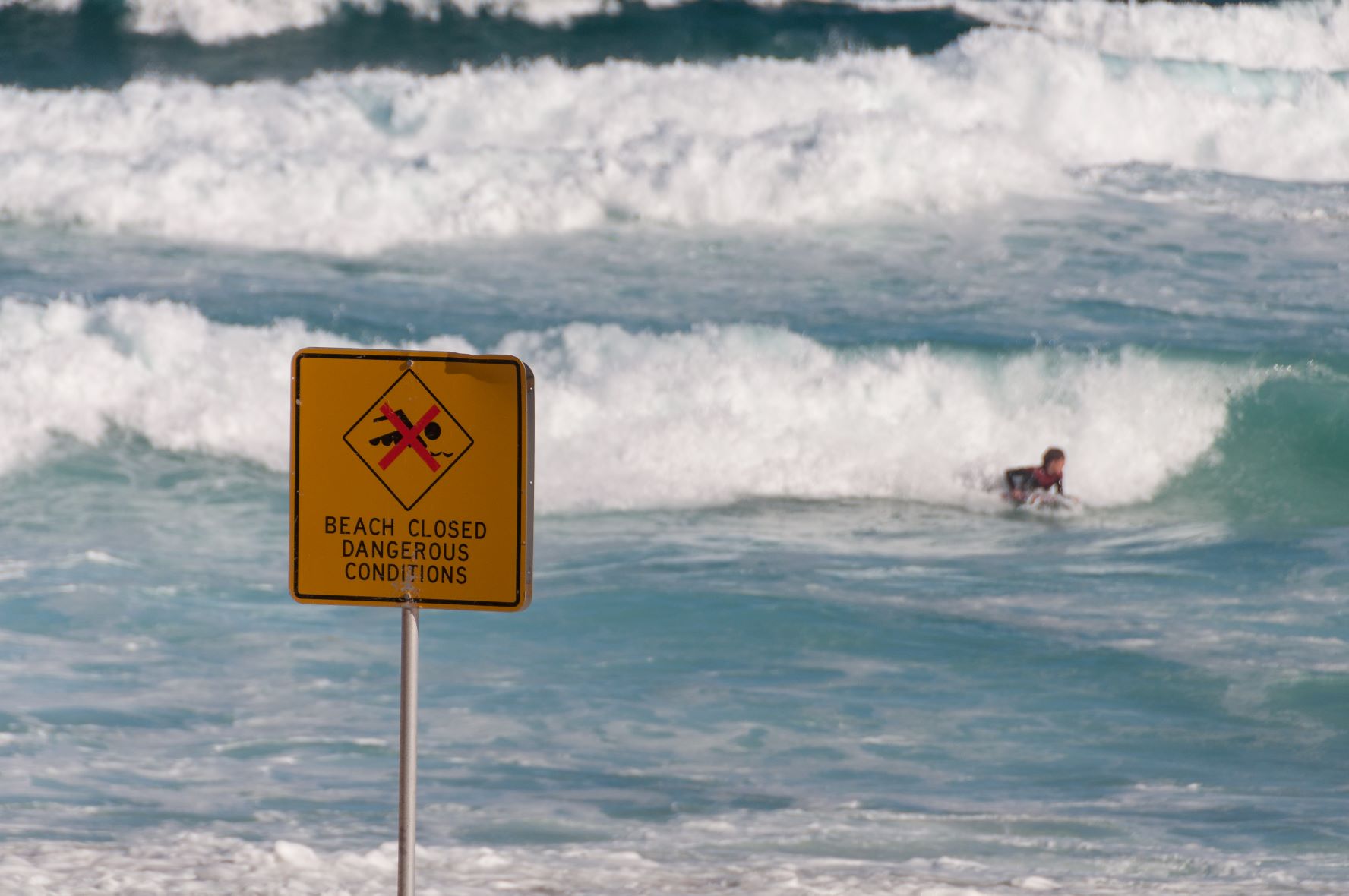 waves with "beach closed" sign
