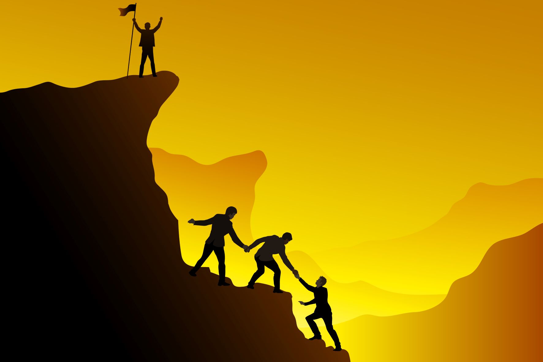 group of people climbing a mountain cartoon, silhouettes on yellow